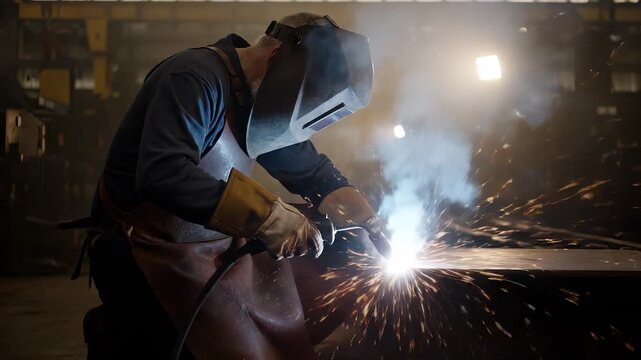 Welding worker in industrial factory. Welder operates welding torch on metal plate. Worker wears helmet and glove for safety. Manufacturing production environment with sparks and heavy machinery.