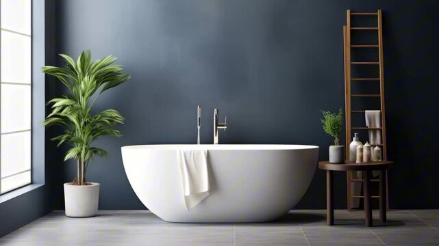 Modern bathroom featuring a freestanding white bathtub, lush green plant, wooden ladder, and decorative items on a side table with natural light streaming in