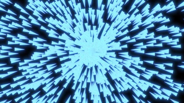 Abstract Glowing Blue Triangular Particle Explosion Against A Deep Black Background. This Futuristic Radial Burst Of Geometric Shapes Features A Bright Neon Luminescence, Creating A Sense Of Energy.