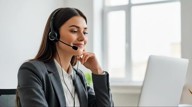 Focused customer support representative engaging in remote work with headset and laptop communication