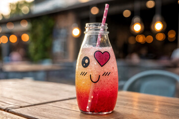 Pink lemonade drink in a bottle on a table with a heart