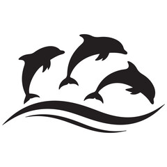 Fototapeta premium Three dolphins jumping out of wavy ocean water in unison