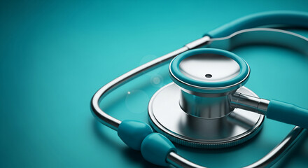 Close-up of cyan stethoscope on cyan background, representing healthcare, diagnosis, or medical checkup, showcasing precision and diagnostic tool