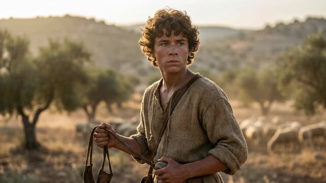 Young Shepherd David Holding Sling and Stone, Preparing for Battle with Goliath. Cinematic Biblical Scene. - Part 2.