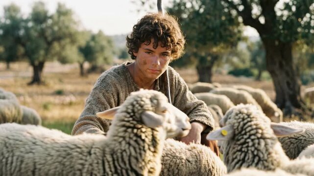 Young Biblical Shepherd David with His Flock of Sheep at Sunset,  AI genereted  Video - Part 1
