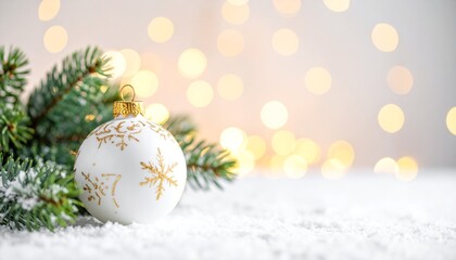 Obraz premium Christmas ornament with pine branch and blurred festive lights background