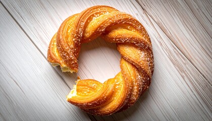 Close up of a delicious pastry ring on a wooden surface for commercial use