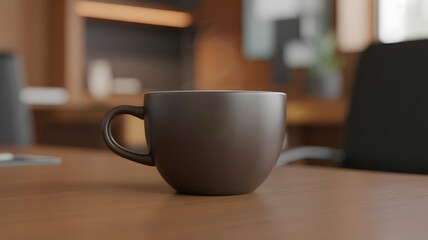 Matte Black Coffee Cup Mockup on Wooden Desk in Cozy Office
Keywords: