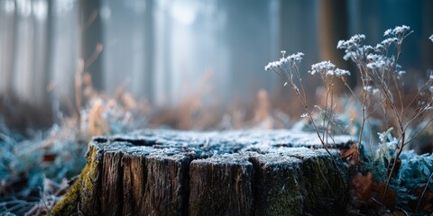 Frosty Forest Stump: A close-up of a weathered tree stump, intricately adorned with a delicate dusting of frost, stands sentinel amidst a serene forest bathed in soft, diffused light.