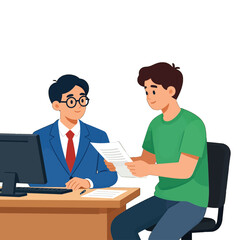 Obraz premium Businessman in blue suit interviewing young man in green shirt