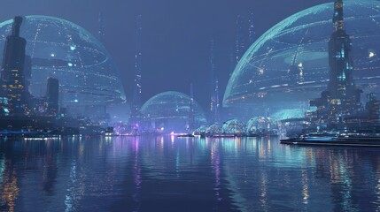 Futuristic cityscape nighttime