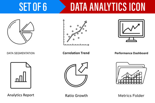 A set of six data analytics icons in a minimalist style for objective business reporting and financial metrics