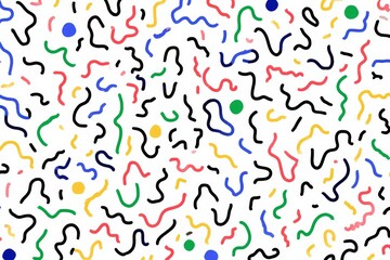 Fototapeta premium Colorful abstract pattern with squiggles and dots in red, blue, green, yellow, and black