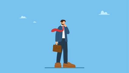 Frustrated businessman trying to put too big shoes. Work responsibility, put right man in the right job, working skill to fit job position, anticipation to be promoted, mistake or problem.