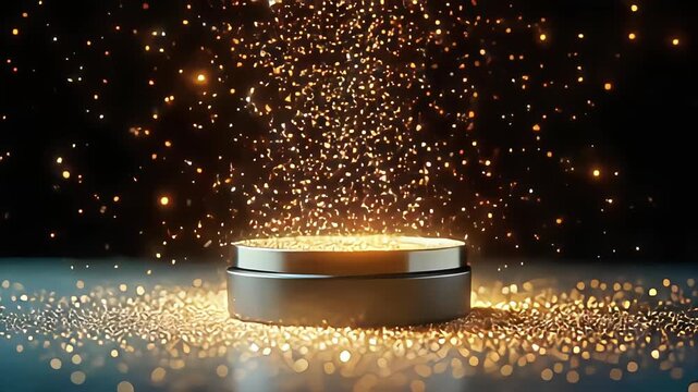 A pedestal bathed in a cascade of golden glitter and sparkling lights against a dark background.