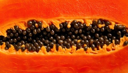 Close-up of a papaya cut in half, revealing its black seeds.