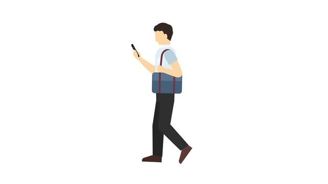 フラットイラストアニメーション：歩きスマホをする男子中学生(夏服)