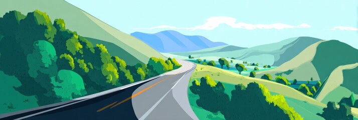 Serene mountain road landscape with lush green hills and blue sky