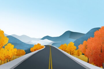 Serene autumn mountain road with vibrant foliage and distant peaks