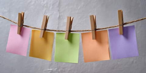 Colorful paper notes on clothesline with wooden clothespins