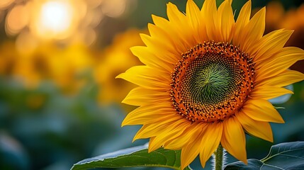 Fototapeta premium Bright yellow sunflower blooming in golden sunset light with warm bokeh background for nature photography and seasonal garden designs.