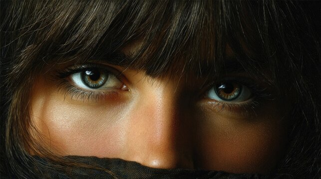 Soulful Gaze: An intimate portrait of a woman's eyes, her expression is capturing depth, revealing an allure. It's a journey into the heart and soul.