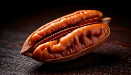 Close-up of a Pecan Nut on a Wooden Surface.
