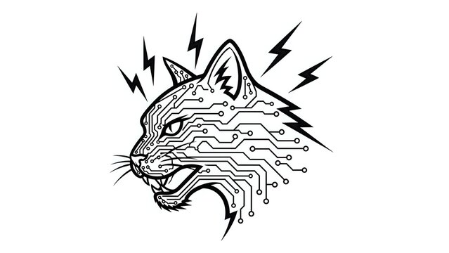 Fierce wolf head with circuit board patterns and lightning bolts in black line art style on white background isolated for graphic design projects.