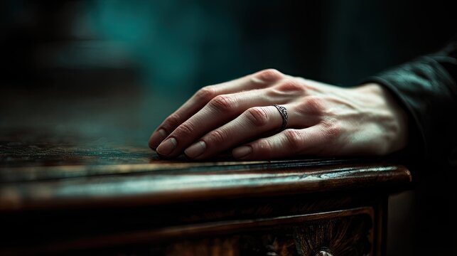 Quiet Contemplation: A hand rests gently on a weathered wooden surface, conveying a sense of introspection and calm. The scene captures the beauty of simple moments and silent reflection.