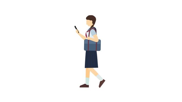 フラットイラストアニメーション：歩きスマホをする女子中学生(夏服)