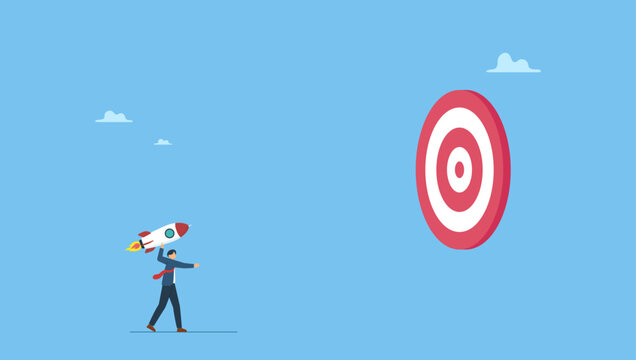 Confidence businessman launch new rocket to hit target dartboard bullseye. Startup success target, launch new product aim for win business achievement, marketing goal or target, project plan.