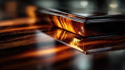 Elegance in Wood Grain: A close-up showcases the refined beauty of a glossy, varnished wood surface. The wood grain pattern, captured in sharp detail, reflects light in a mesmerizing dance of warmth.