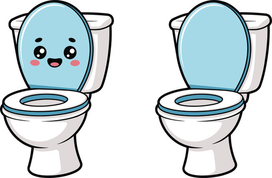 Cute cartoon toilet character with happy face and simple plumbing icon set for bathroom hygiene and potty training concept