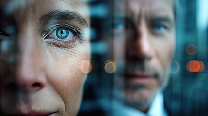 Contemplative Reflection: Close-up portraits of two individuals, their faces reflecting the complexities of life and contemplation, overlaid with blurred urban scenery.