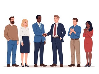 Obraz premium A diverse group of business people standing together in a line shaking hands