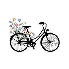 Obraz premium A bicycle adorned with colorful flowers on the back rack, viewed from the side against a white background