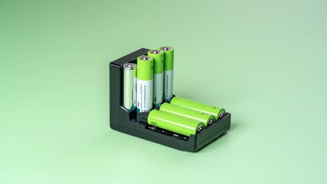 Rechargeable batteries in a charger, ready for use, on a green background.