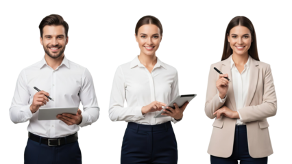 Three business people holding tablets and pens smiling at camera on black background isolated on white transparent png background download