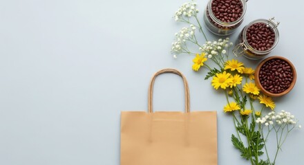 Brown shopping bag with yellow flowers and coffee beans