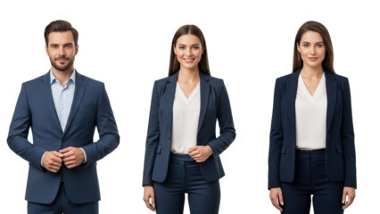 Three business people in blue suits and white shirts on black background isolated on white transparent png background download