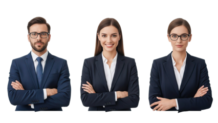 Three business people in blue suits and white shirts standing with arms crossed on black background isolated on white transparent png background download 1