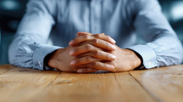 Hands Clasped: Close-up of hands resting on a wooden table, conveying a sense of anticipation and composure. 