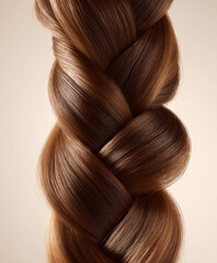 Fototapeta premium beautifully braided section of hair. The braid is composed of rich, silky, and well-groomed strands of brunette hair, showcasing an impeccable texture and natural shine.