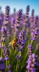 Obraz premium Close-up of a bee collecting nectar from a purple lavender flower, showcasing pollination and the interconnectedness of nature and ecosystem