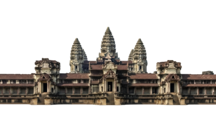 Ancient Khmer temple with intricate stone carvings and towers at sunset