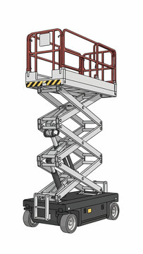 An isolated illustration of a grey and red scissor lift, an industrial aerial work platform.
