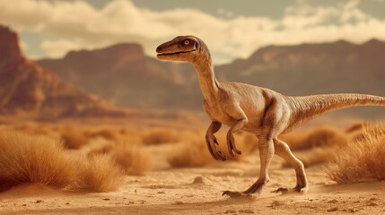 Velociraptor mongoliensis in Desert Landscape Scene