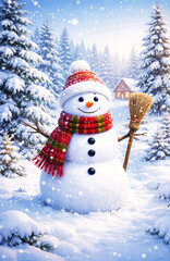 Obraz premium Cheerful Snowman in Snowy Winter Forest with Falling Snow Background