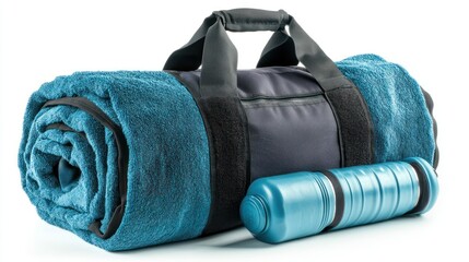 Rolled towel and gym bag on white background. Possible use Fitness, travel