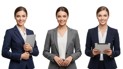 Three businesswomen in blazers holding office technology on black background isolated on white transparent png background download